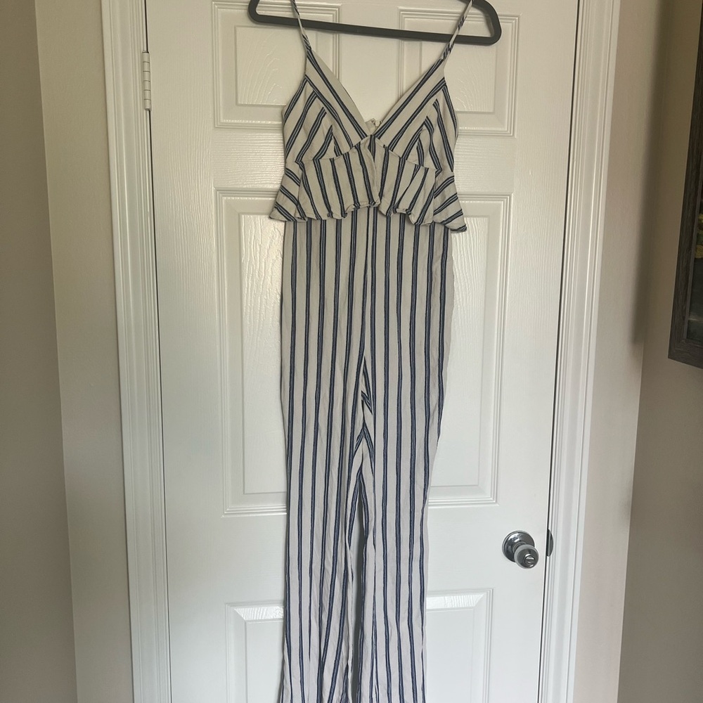 BCBGeneration Navy and White Striped Jumpsuit